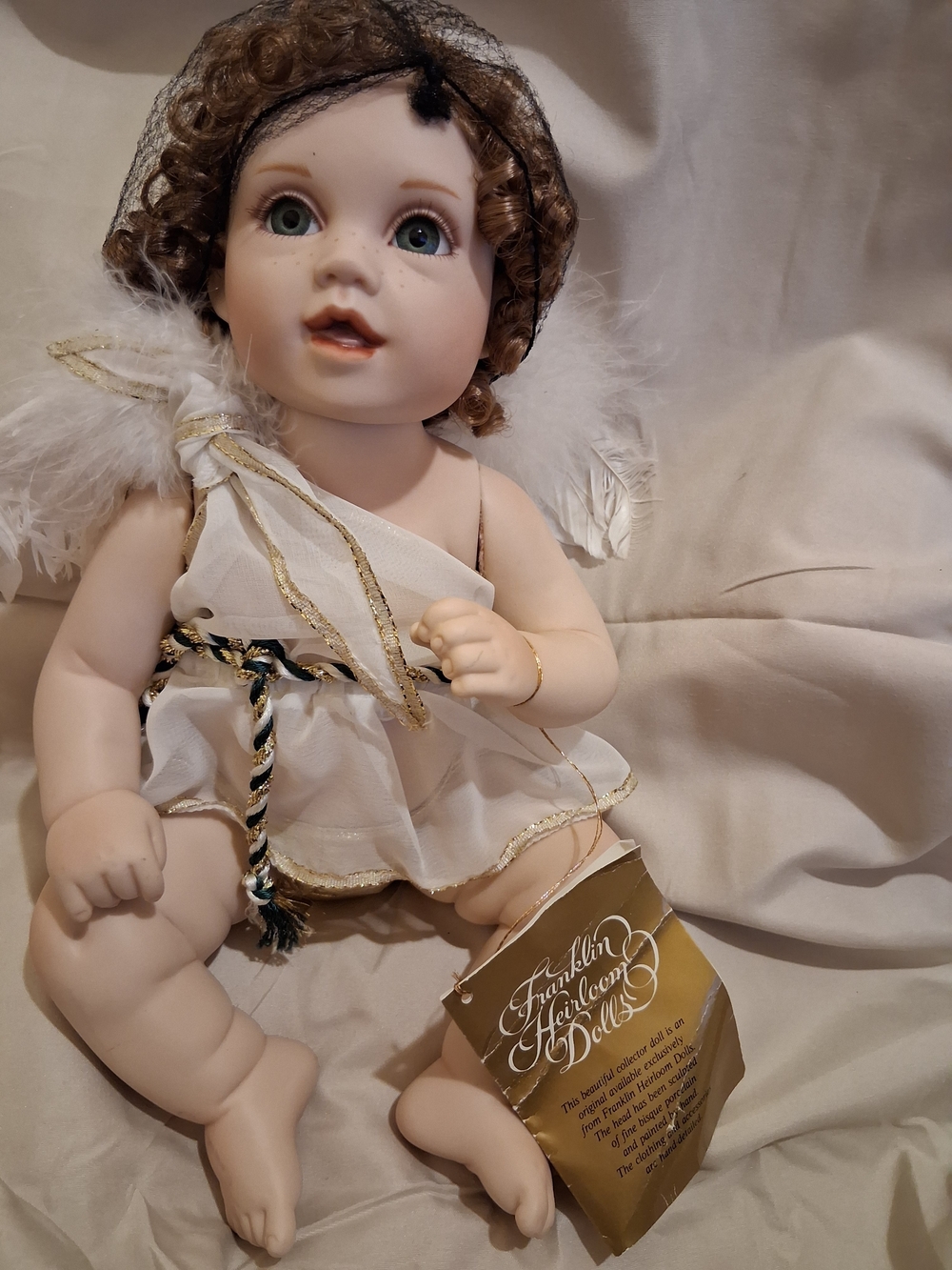 Porcelain Angel Doll in White Dress with Gold Trim